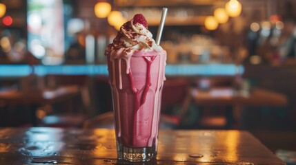 A milkshake with whipped cream and a cherry on top sitting in front of the bar, AI - obrazy, fototapety, plakaty