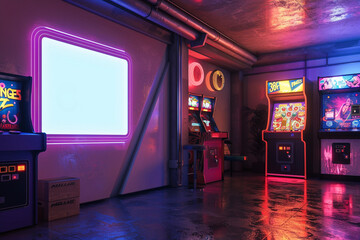 A retro-futuristic apartment with neon accents and vintage arcade games, featuring an empty wall...