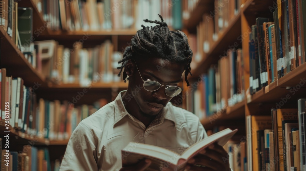 Poster A studious man immersed in a book with towering library shelves in the background