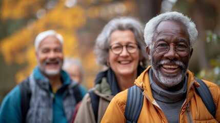 A group of older people walking together in the woods, AI