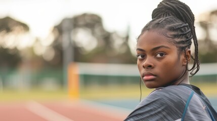 A young athletic African-American woman shows a serious expression while looking away, on a sports track