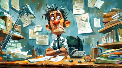 A cartoon of a man sitting at his desk with papers all around him, AI