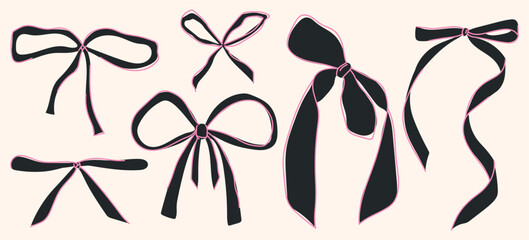 Ribbons. Collection of black bows, knots, gift bows. Bows in hand-tied and flat styles. Set of black bows with outlines