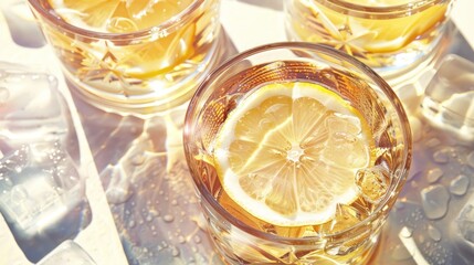 a close up of a glass of water with a lemon slice on the rim and ice cubes around it.