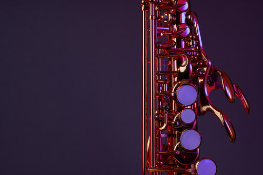 Soprano Saxophone Closeup with Moody Coloured Jazz Lighting