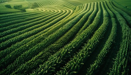 Green field with rows of vines for harvesting