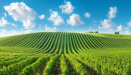 Fototapeta na wymiar Green field with rows of vines for harvesting