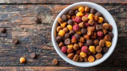 A bowl of dog food on a wooden table with other foods, AI