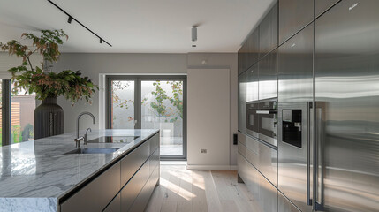 A sleek, minimalist kitchen flooded with natural light, featuring stainless steel appliances and marble countertops.