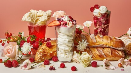 a table topped with croissants, strawberries, flowers and a vase filled with ice cream and strawberries.