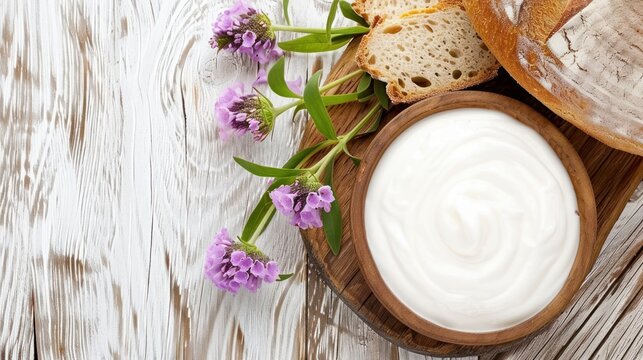 a bowl of yogurt sitting on top of a wooden table next to a loaf of bread and purple flowers.