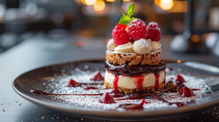 A dessert with raspberries and cream on top of a plate, AI