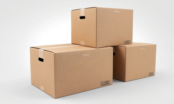 Three cardboard boxes on white background.
