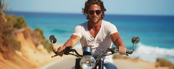 Photo sur Plexiglas Moto Young man riding a retro motorcycle on the beach.