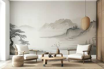 A Zen-inspired living space with minimalist furniture and Japanese accents, presenting an empty wall ideal for a serene landscape mural.