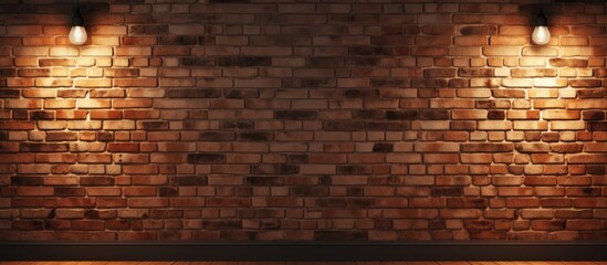 Two lights illuminate the brick wall, highlighting the brown hues and textures of the brickwork. The contrast with the wood flooring creates a beautiful composite material pattern