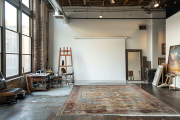 An artist's studio apartment with vaulted ceilings and industrial-chic decor, showcasing a blank wall ready for a rotating exhibit of original paintings.