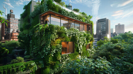 An architectural gem nestled in an urban jungle, with a living green wall covering its exterior. - Powered by Adobe