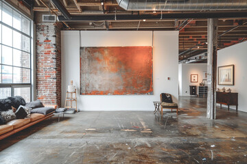 An artist's studio apartment with vaulted ceilings and industrial-chic decor, showcasing a blank wall ready for a rotating exhibit of original paintings.