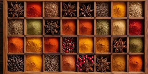 Colorful spices in wooden box, close-up, top view.