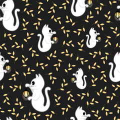 Seamless pattern with cute magic white ghost cats holding vintage lantern and floating among autumn leaves in the dark forest. Kawaii kitten on Halloween night flat vector illustration