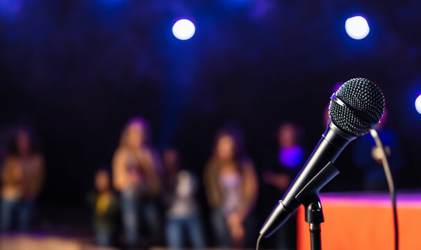 Microphone on Stage with Lights and Crowd in Background with Copy Space