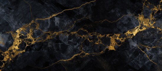 A stunning close up of black marble with intricate gold veins resembling a sky full of clouds, a natural landscape or a dark mysterious water scene