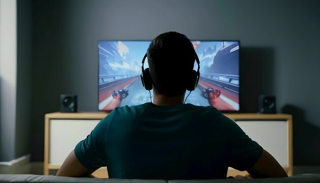 back view of a person playing video games on tv screen created with generative ai