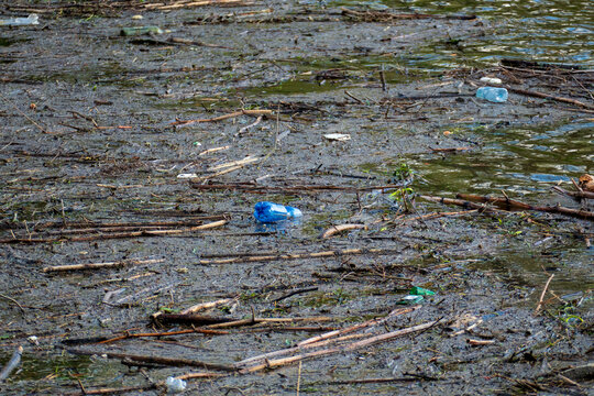 Wasserverschmutzung durch Plastikflaschen und Abfall  auf dem Rhein