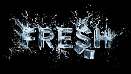 3D typography explosion in a splash of ice cubes and water with the word FRESH advertising concept. 