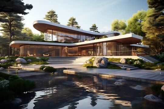 3D render of a modern luxury house with swimming pool and mountain background