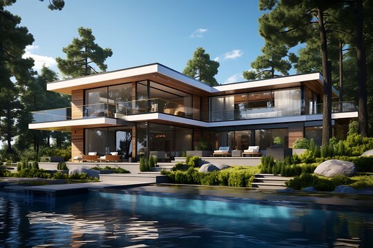 3D render of a modern luxury house with swimming pool and mountain background