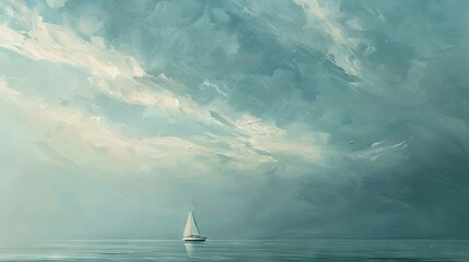 A minimalist seascape with a single sailboat under a vast sky, portrayed in a modern oil painting technique. - obrazy, fototapety, plakaty