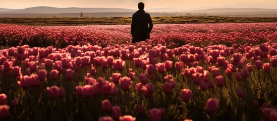 A man is standing in a natural landscape filled with magenta flowers. The field is a beautiful...