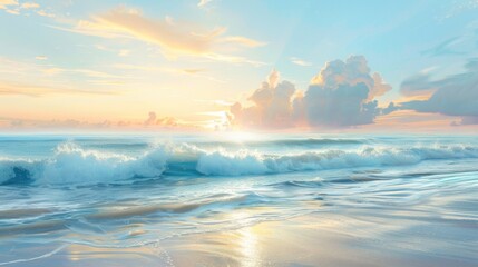 A tranquil morning seascape with soft pastel colors and smooth waves, oil painting style. - obrazy, fototapety, plakaty