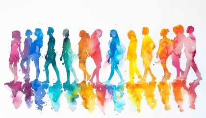rainbow colored watercolor silhouettes of people on a white background
