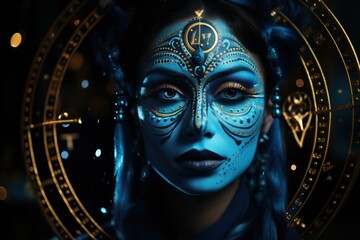 A mystical galaxy nymph woman blue face with ornament and stars concept image