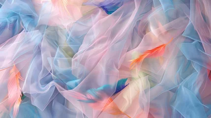 Fotobehang Light elegant wallpaper made of pastel and blue tulle fabric with vibrant pastel gold fishes © Pastel King
