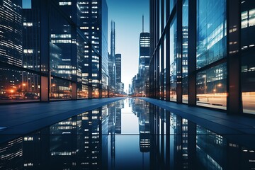 Modern business center at night with reflections in the water. 3d rendering