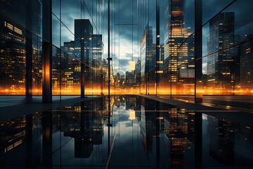 Fototapeta na wymiar Modern business center at night with reflections in the water. 3d rendering