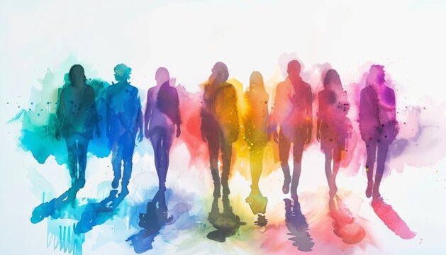rainbow colored watercolor silhouettes of people on a white background