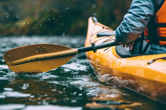 Close up of kayaker man rowing a kayak in the river
