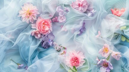Fototapeta na wymiar Light elegant wallpaper made of pastel and blue tulle fabric with vibrant pastel flowers