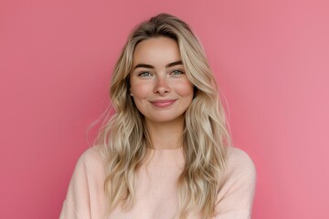 Smiling beautiful woman with blonde long hair on pink background