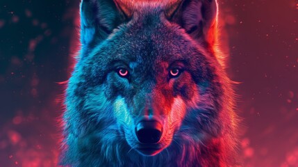 Portrait of a wolf in a red and blue neon light.