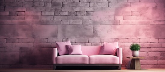 The living room is decorated with a purple couch and a violet brick wall. The rectangular window...
