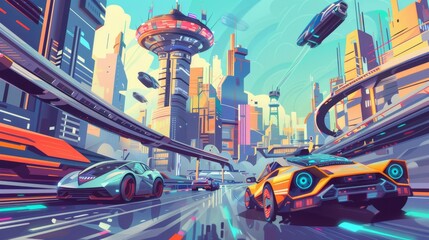 An action-packed cityscape with futuristic vehicles and dynamic movement.