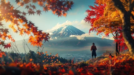 Photo sur Plexiglas Vert bleu Illustrate a serene autumn landscape in the Japanese countryside with a samurai watching a distant mountain
