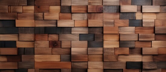 Fototapeta premium A detailed closeup of a brown wooden wall constructed from rectangular wooden squares, resembling a pattern similar to brickwork. The flooring is made of hardwood with a wood stain