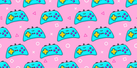 Vector gamer seamless pattern. Gamepad controller on pink background. Gaming joysticks icons in doodle style. Wallpaper, print, textile, fabric, wrapping. Computer game banner © VctAn